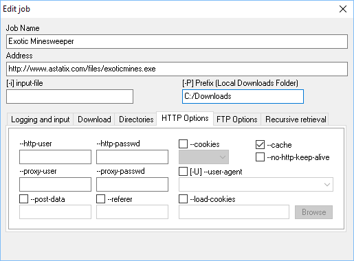 Wget GUI Windows. Download settings. HTTP options.